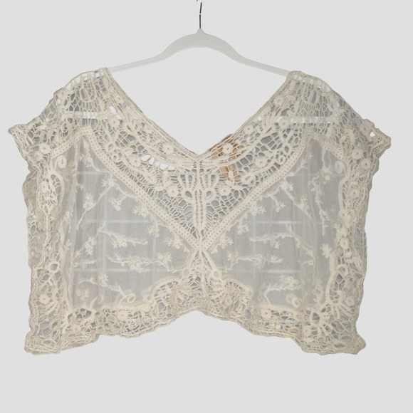 Whispers Sheer Blouse Medium Ivory Mesh Crochet Romantic Cropped Festival Boho - Picture 1 of 5
